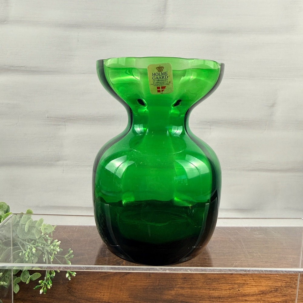 Holmegaard Denmark Emerald Green Art Glass Vase w/ Original Label Vintage